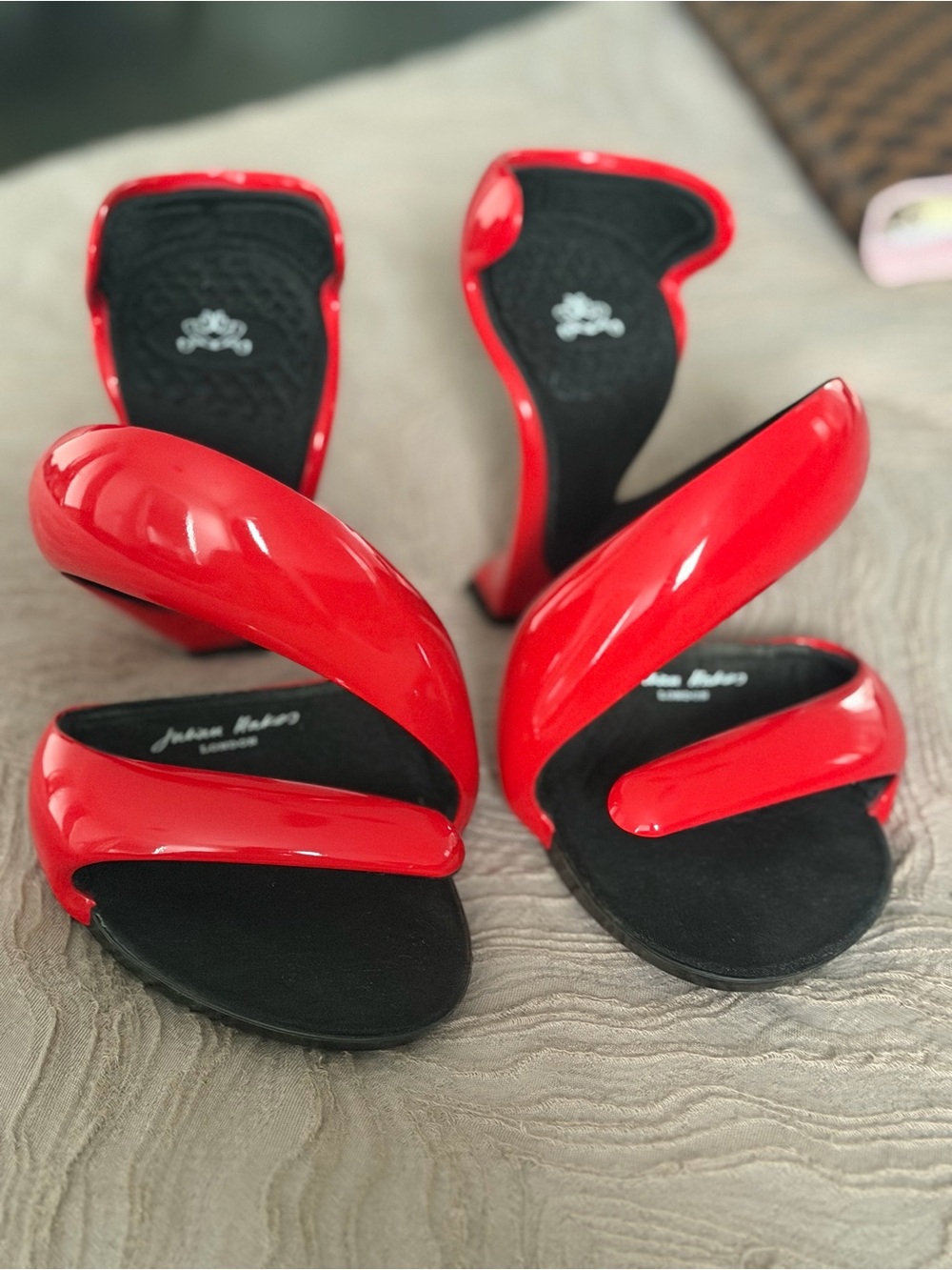 Red Patent Two-Strap Slide Heels